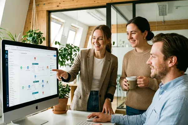 Equipe collaborant sur des workflows automatises — Projet Starter Controle Chantier