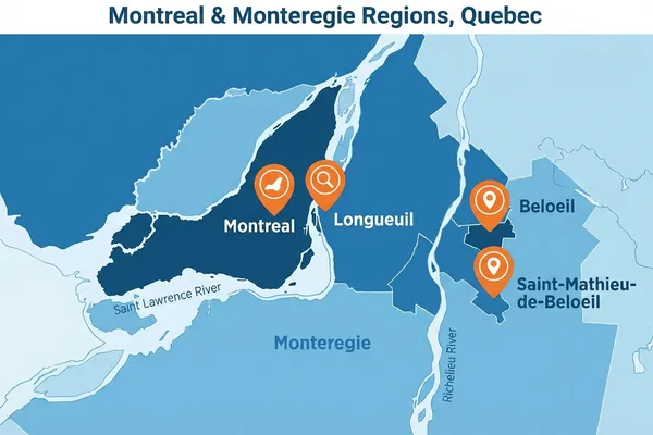 Carte des régions desservies par Gestimatech — Montérégie, Rive-Sud, Montréal